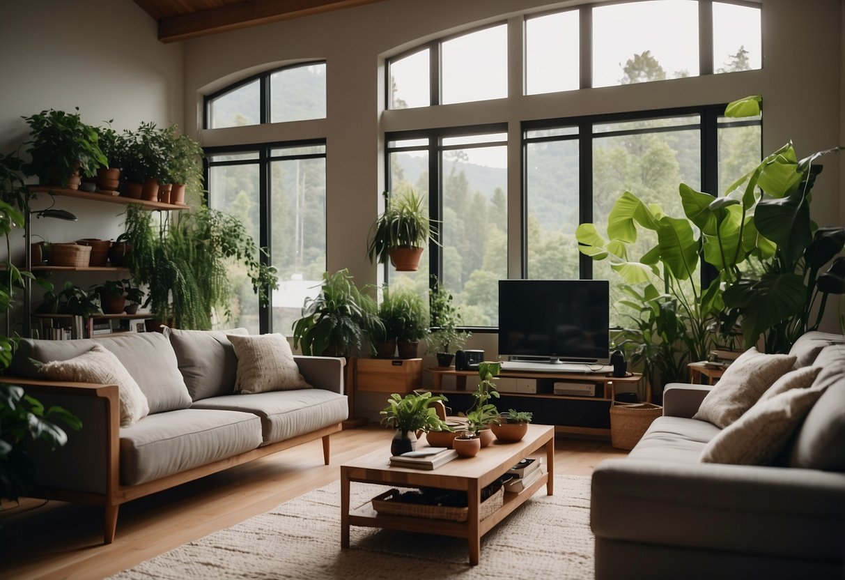 A cozy living room with energy-efficient appliances and natural lighting, surrounded by green plants and sustainable decor