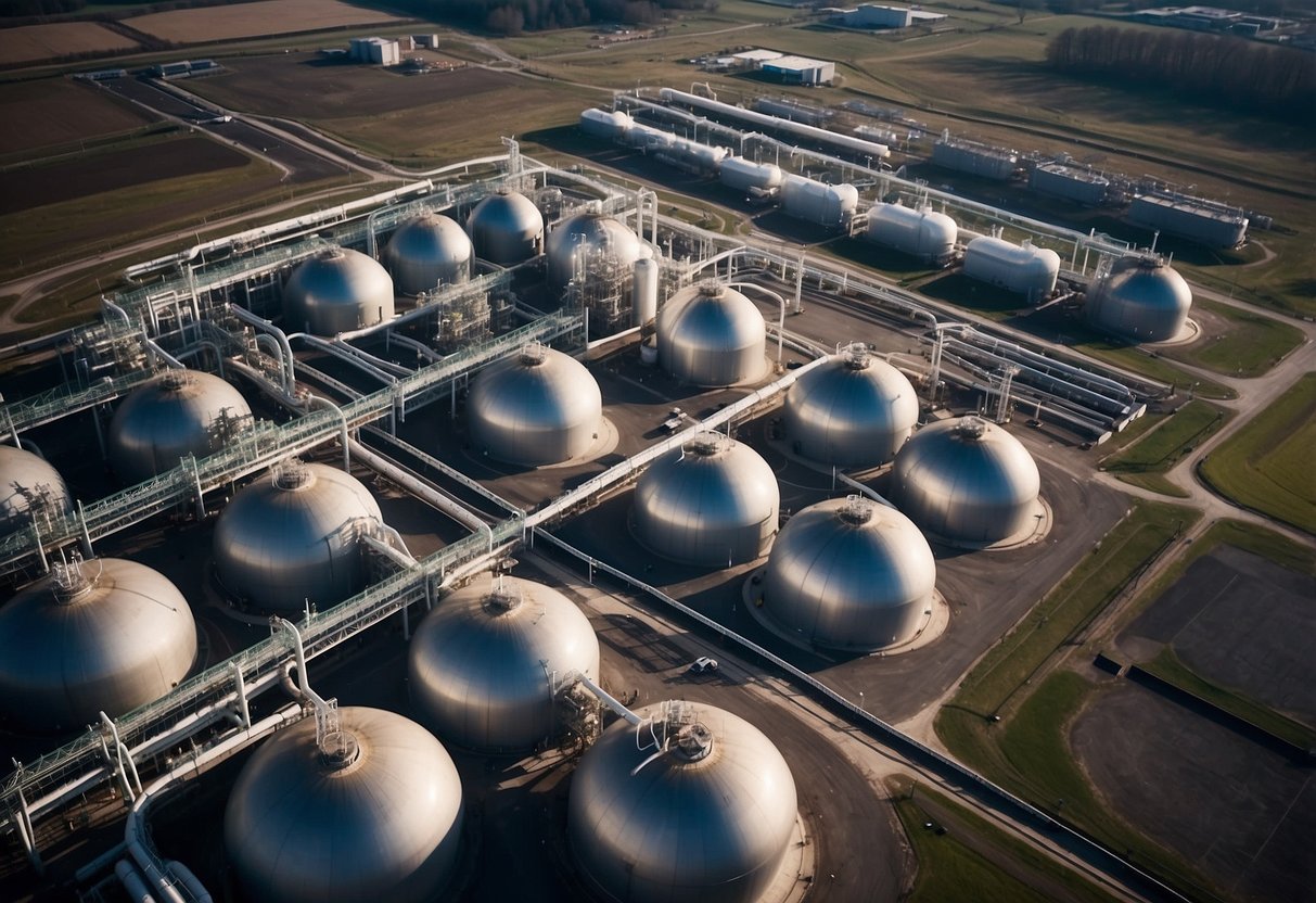 A sprawling gas storage facility with intricate infrastructure, representing the international gas market in the Netherlands