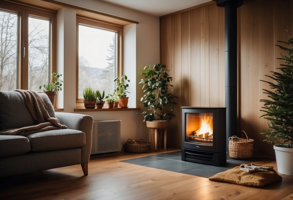 Cozy living room with fireplace, wood paneling, large window, and indoor plants.