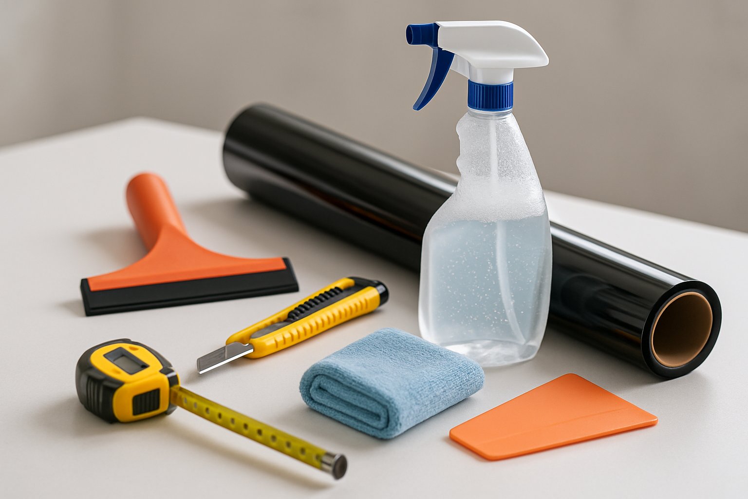 Benodigd gereedschap en materialen voor het aanbrengen van raamfolie op een werkblad.