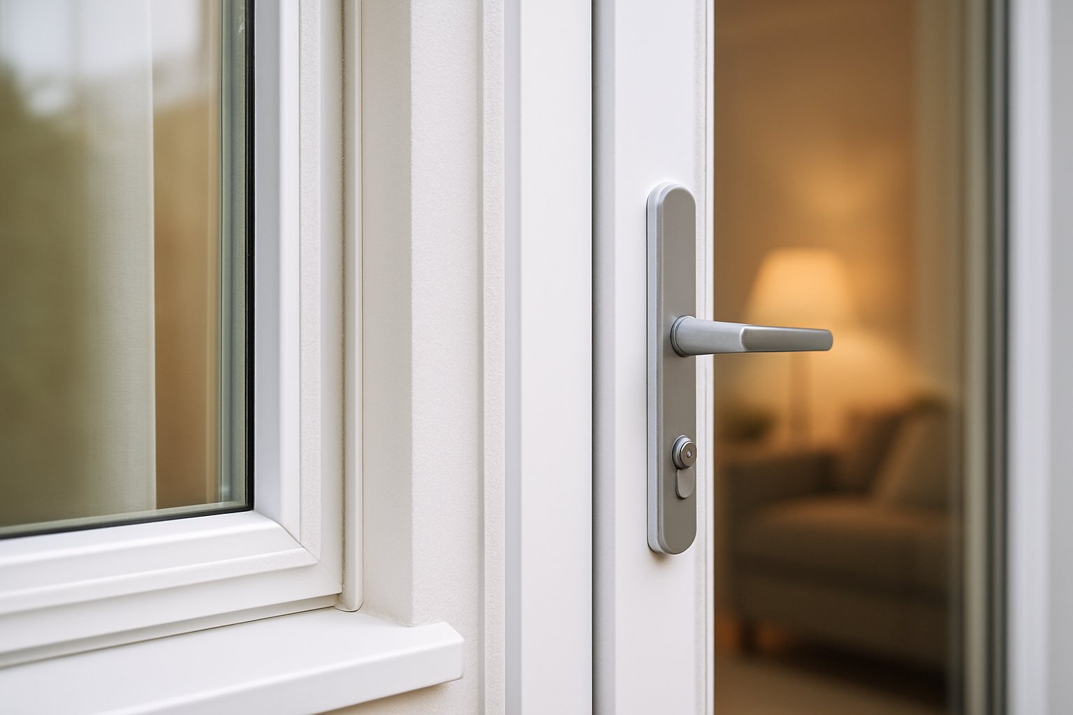 Een raam en deur met tochtstrips die tocht buiten houden in een huis.