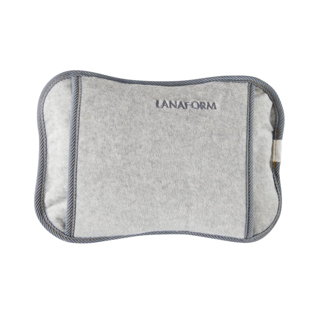 Lanaform gray heating pad with plush fabric, ergonomic design, and branded embroidery for comfort.