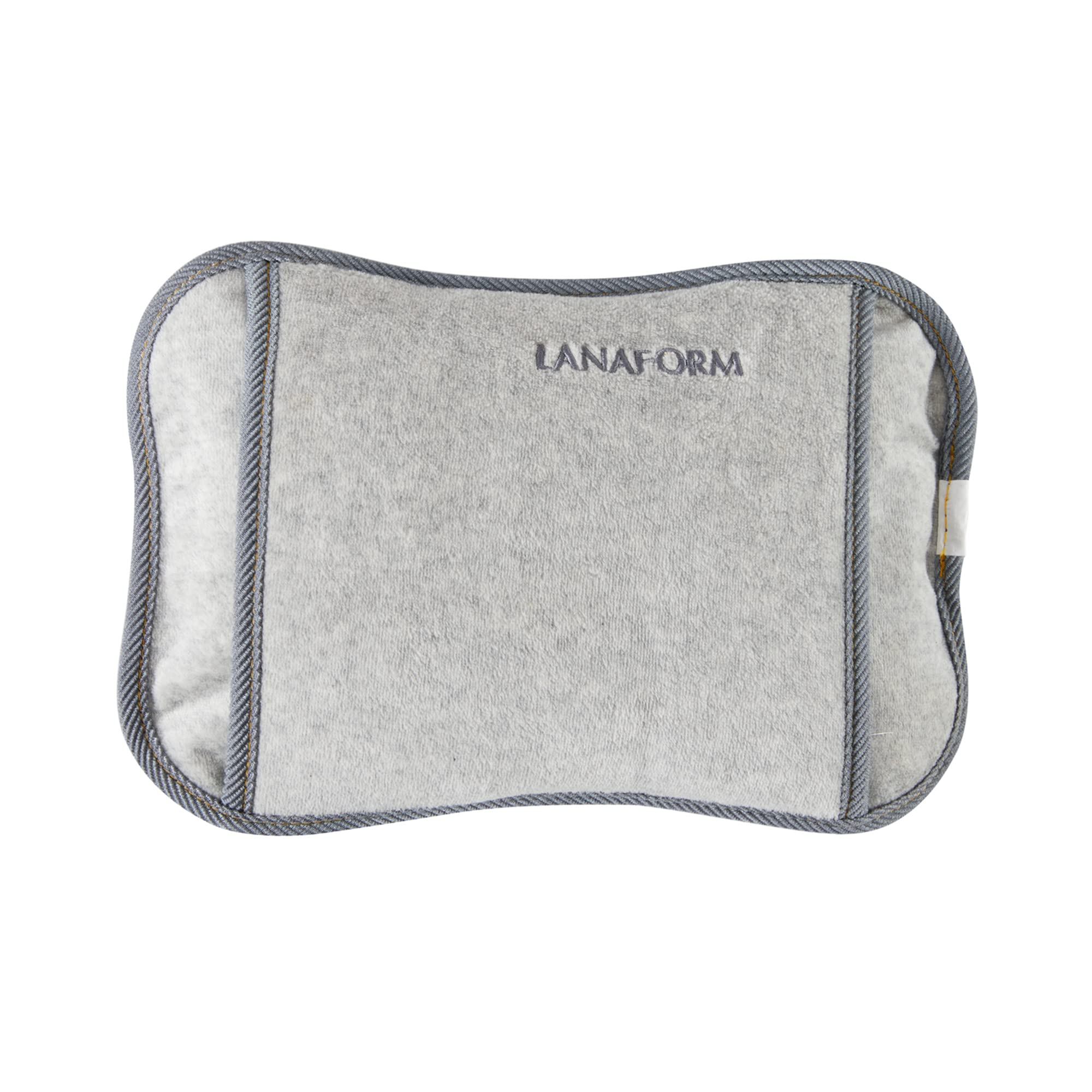 Lanaform gray heating pad with plush fabric, ergonomic design, and branded embroidery for comfort.