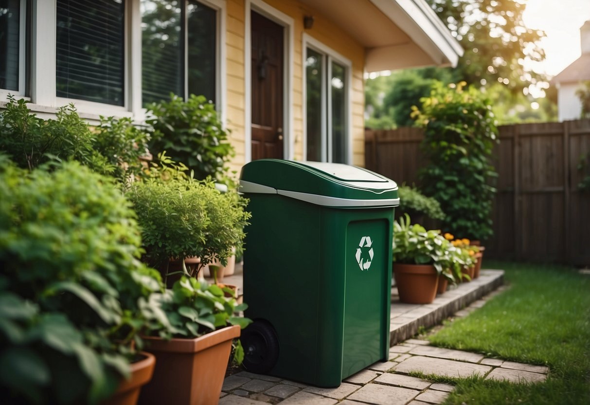 A cozy home with energy-efficient appliances, LED lighting, and solar panels. A recycling bin sits next to the front door, and a green garden thrives in the backyard