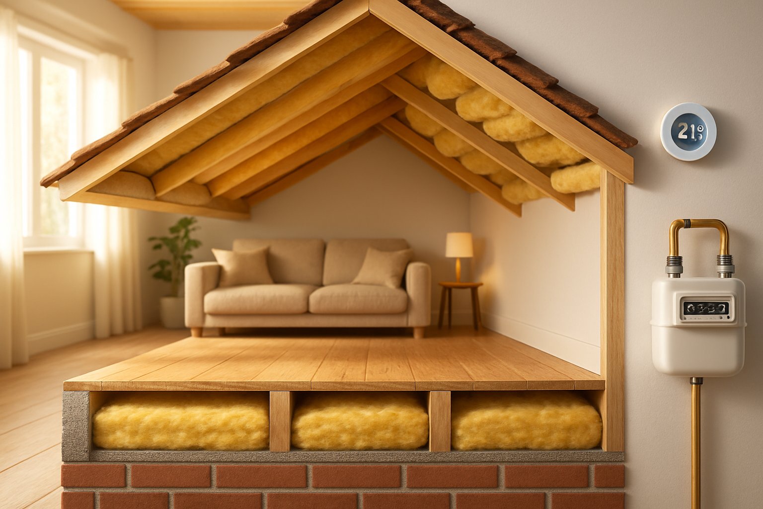 Dwarsdoorsnede van een huis met isolatie onder de vloer en in het dak, een gezellige woonkamer en een thermostaat die energiebesparing aangeeft.