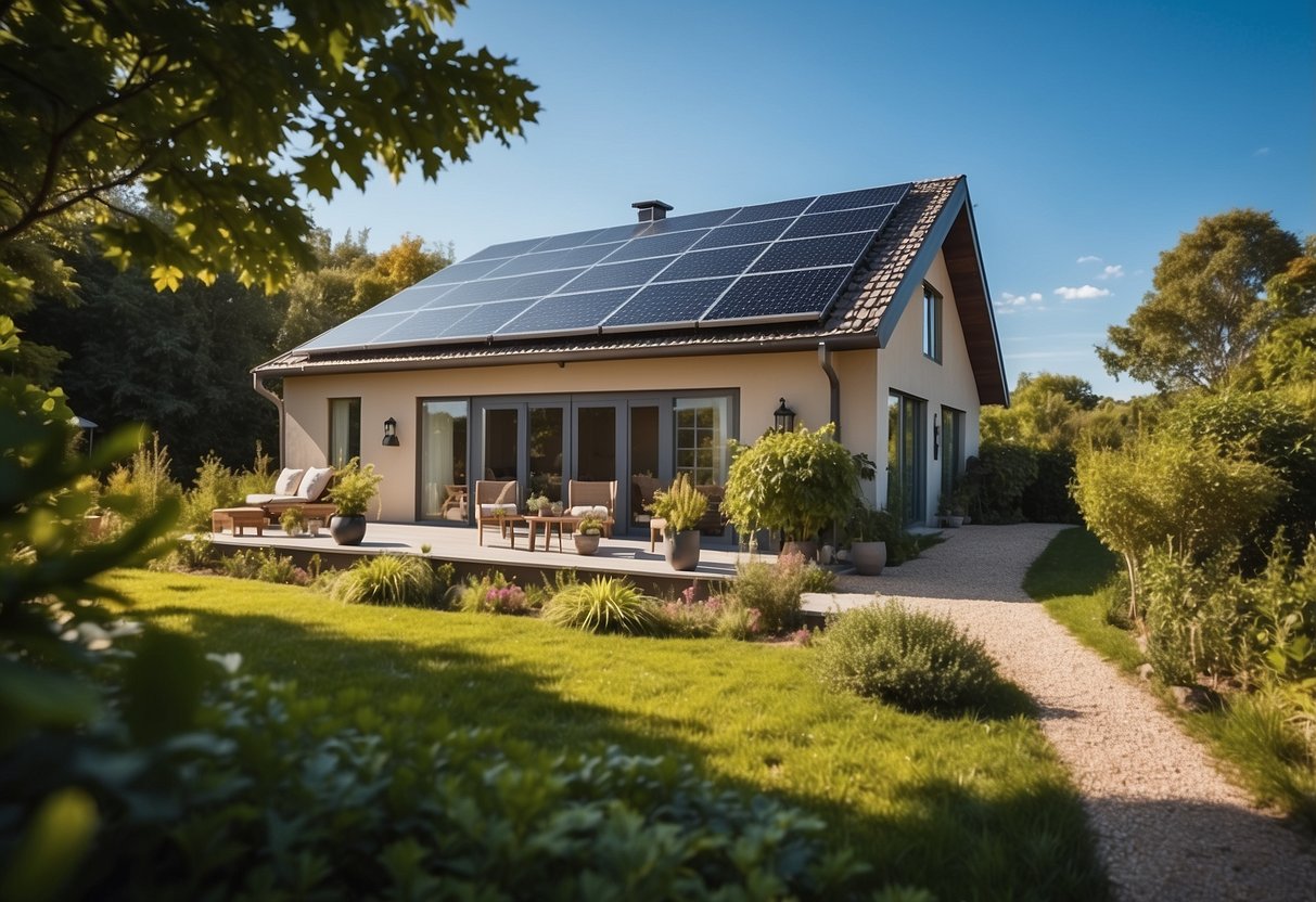 A cozy, well-insulated home with energy-efficient appliances and solar panels, surrounded by lush greenery and clear blue skies