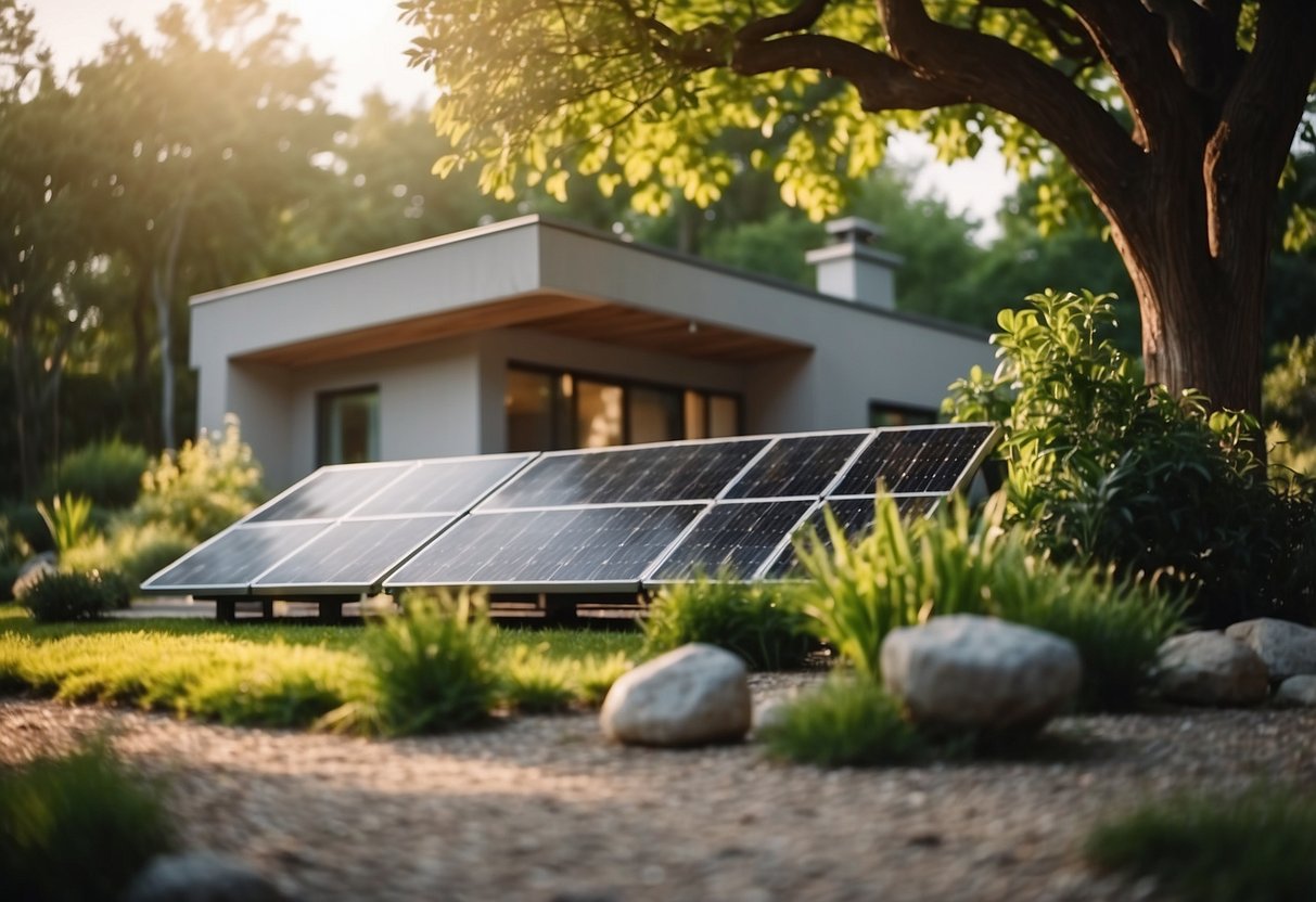 A modern, eco-friendly home with solar panels, energy-efficient appliances, and a well-insulated structure surrounded by a lush, sustainable garden