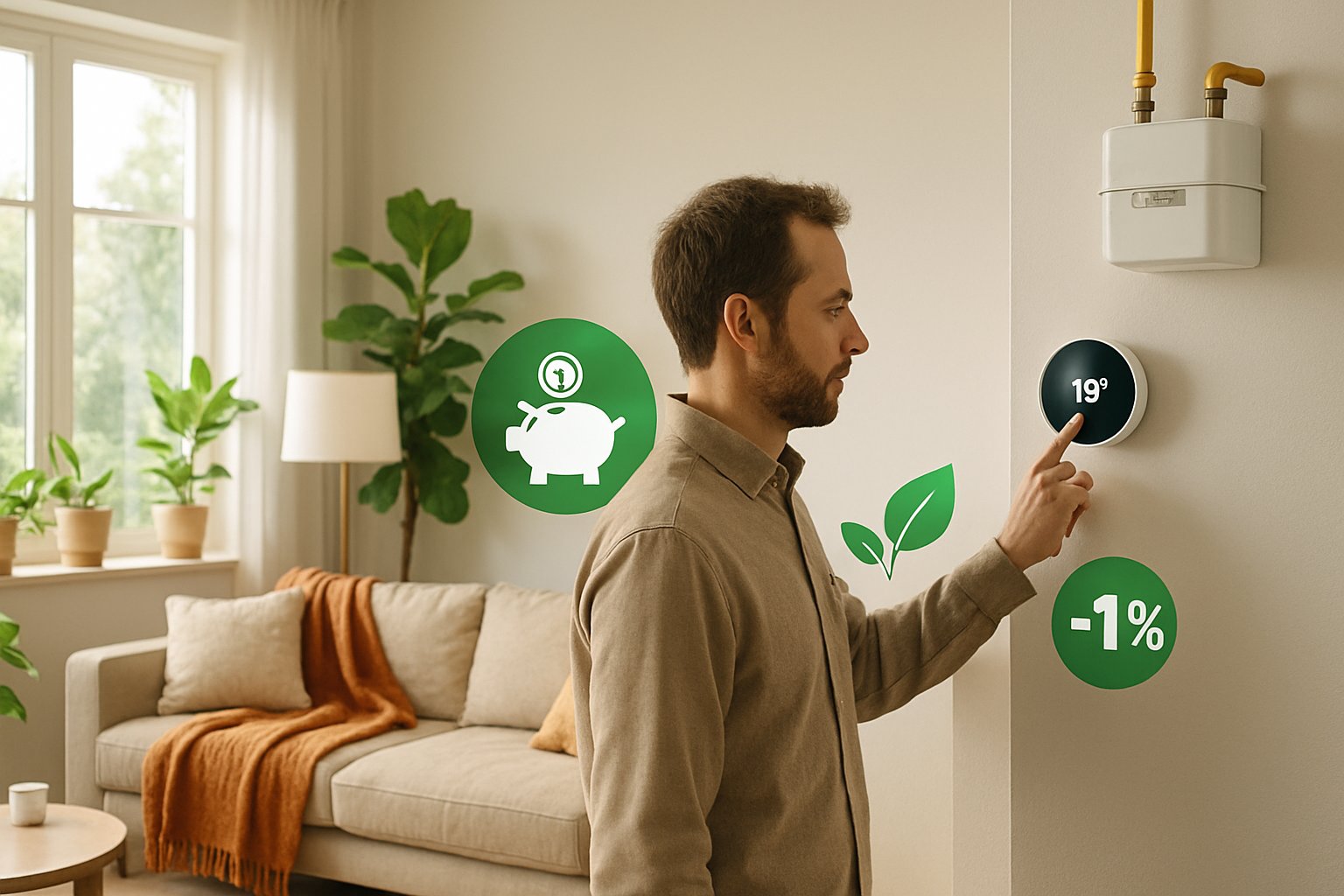 Een moderne woonkamer met een persoon die de thermostaat lager zet om energie te besparen.