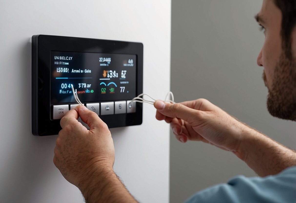 A hand connects wires to a thermostat on a white wall