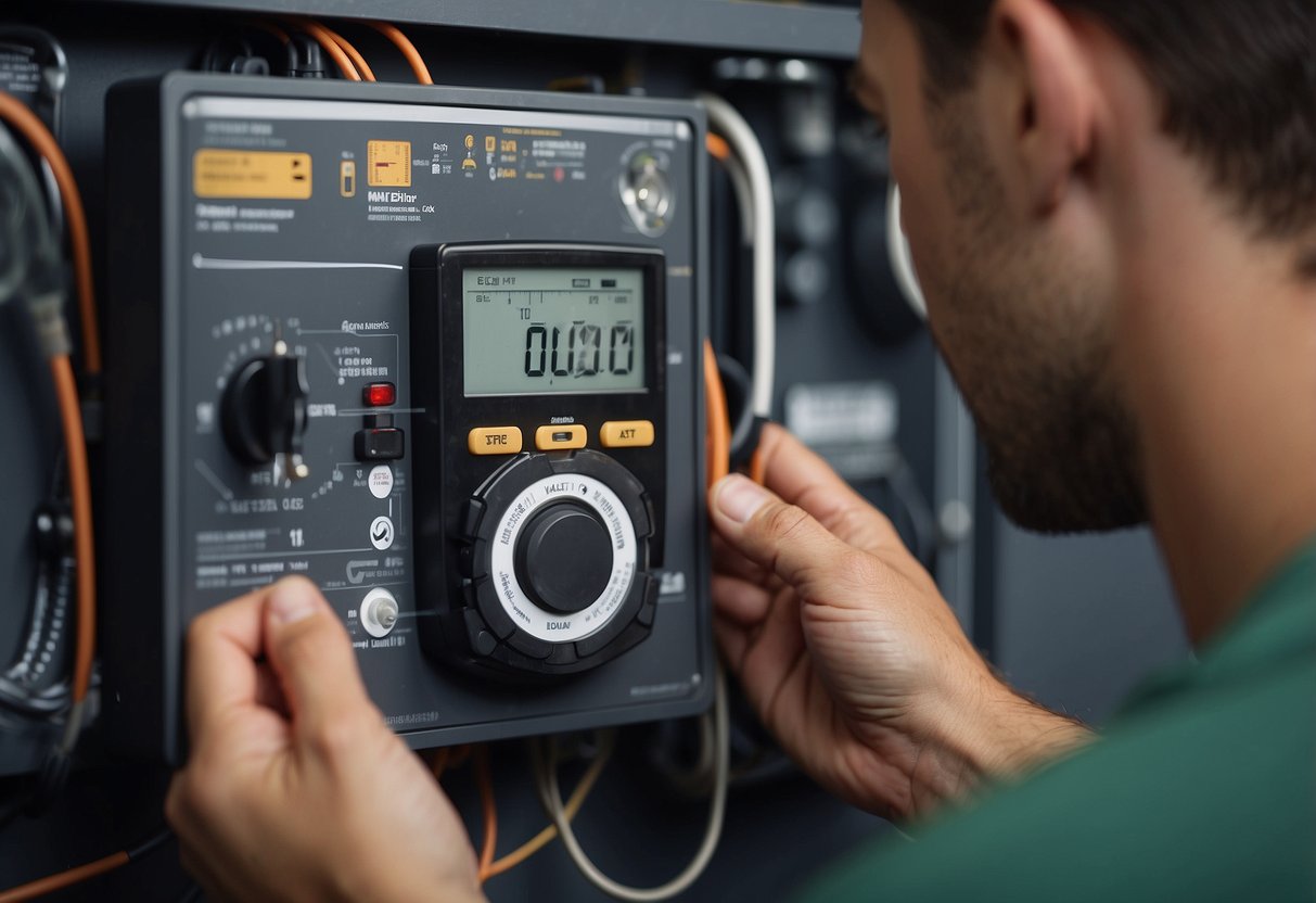 A technician installs a slim energy meter on a wall, connecting wires and adjusting settings