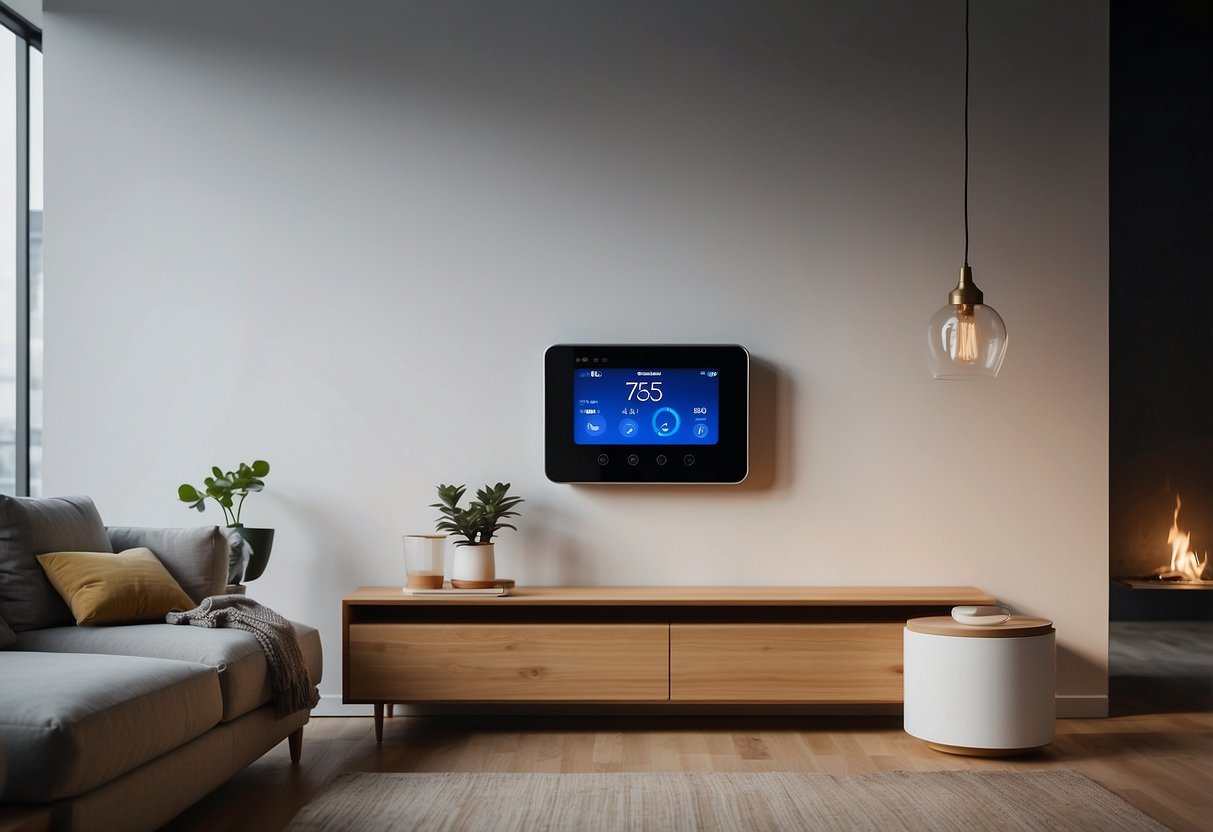 A smart thermostat is mounted on a white wall, surrounded by modern furniture and dim lighting