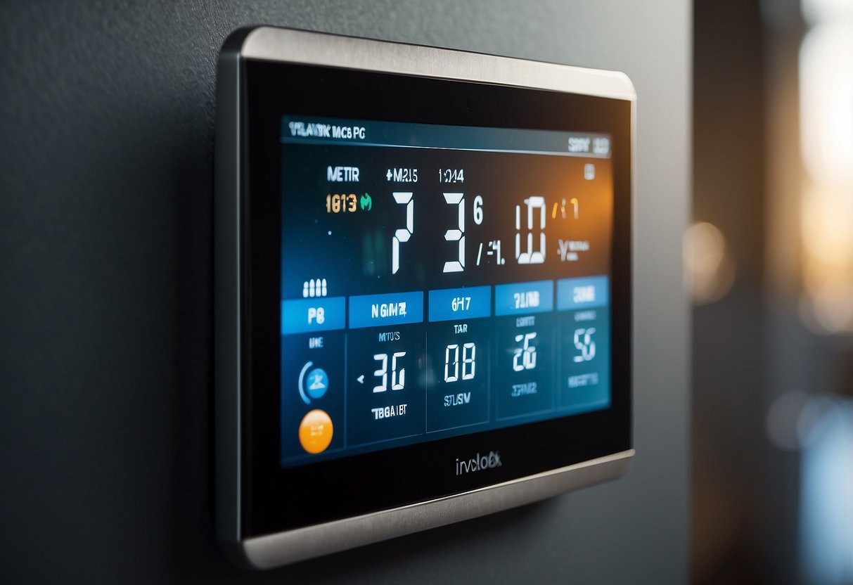 A smart thermostat mounted on a wall with a digital display showing temperature settings