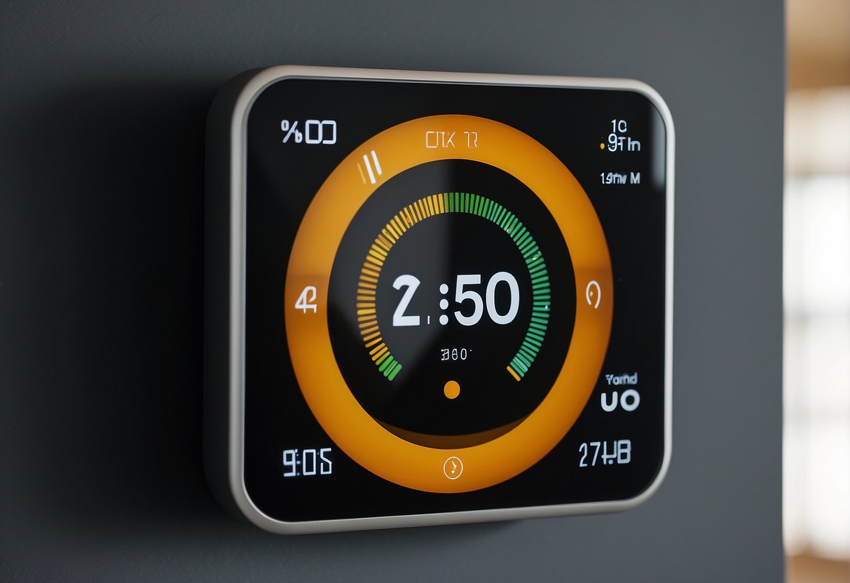 A smart thermostat mounted on a wall, displaying temperature settings and energy usage data, with a sleek and modern design