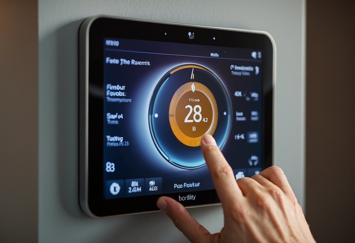 A smart thermostat being installed with compatibility and installation requirement settings displayed on a screen