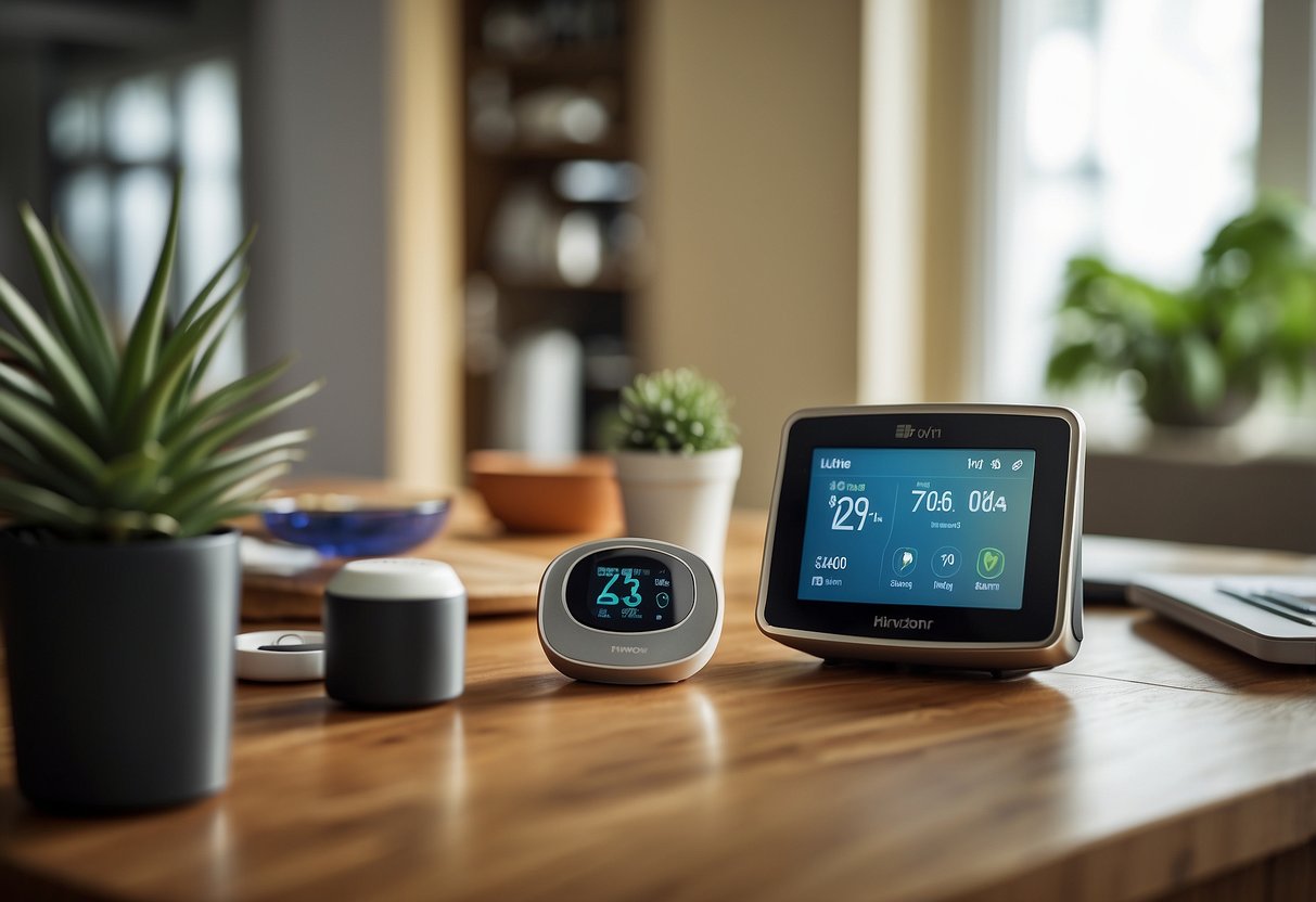 A smart thermostat being installed in a home setting, with tools and equipment spread out on a table