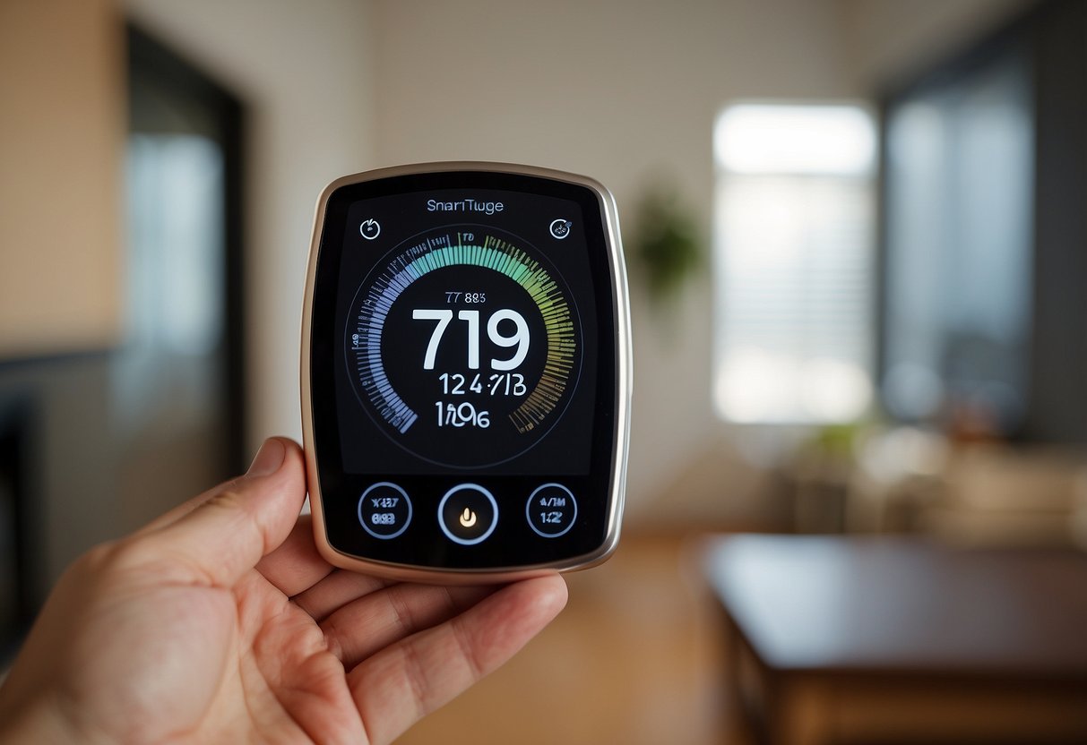 A smart thermostat adjusting temperature settings, displaying energy usage and cost savings