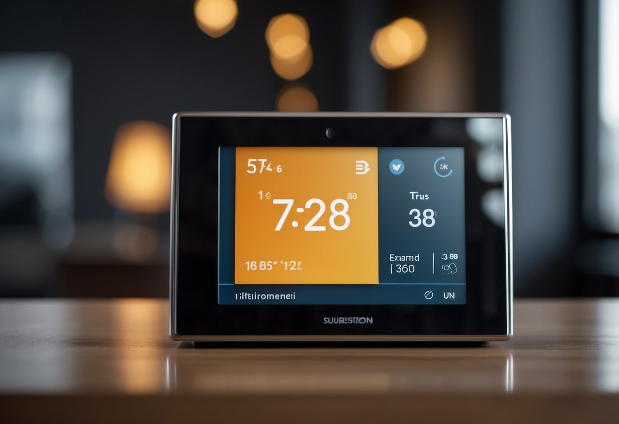 A smart thermostat with safety and privacy settings displayed on a digital screen