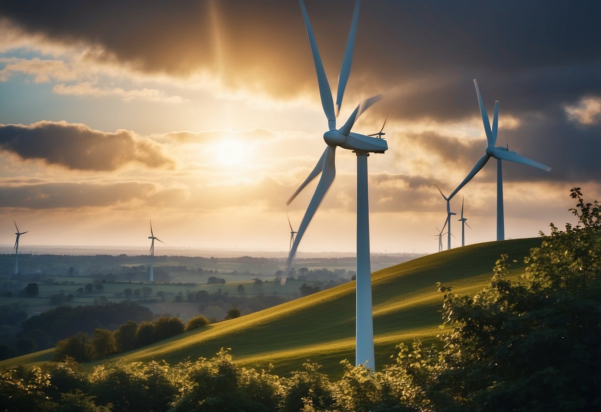 A wind turbine stands tall, generating sustainable energy. Solar panels adorn the rooftops of energy-efficient homes. A consultant provides advice on living a more energy-conscious lifestyle