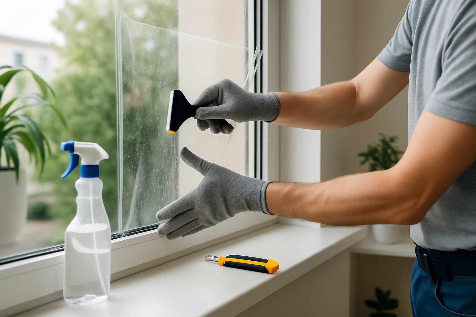 Iemand brengt raamfolie aan op een groot raam in een moderne woning, met gereedschap op de vensterbank en natuurlijk daglicht dat naar binnen valt.