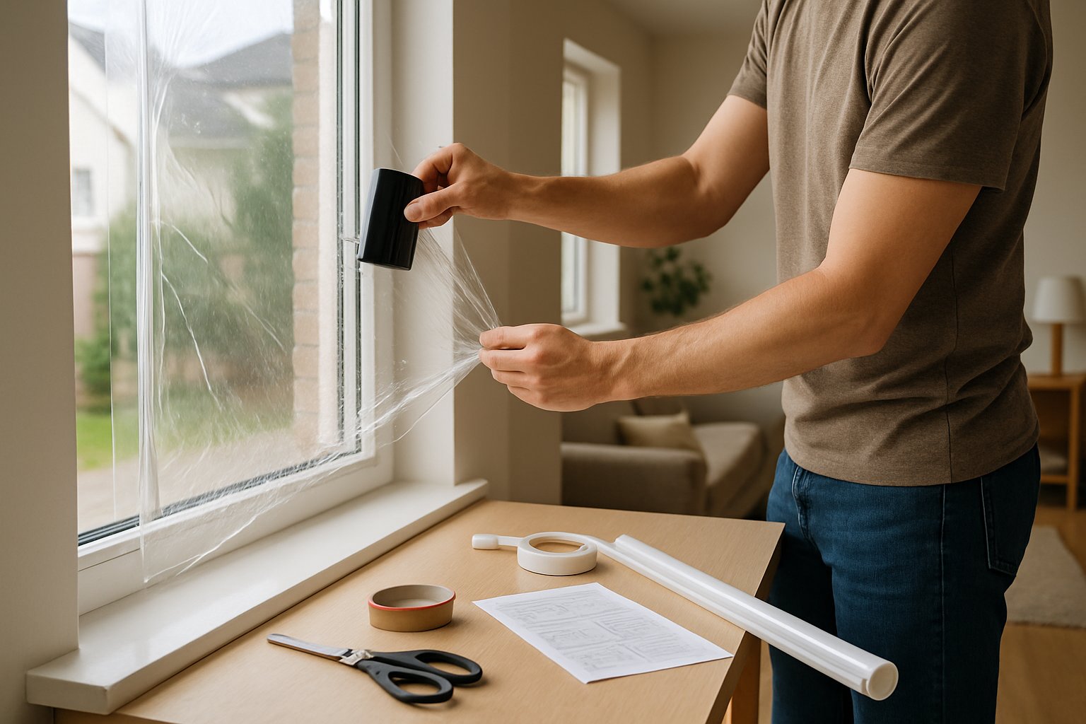 Een persoon brengt isolatiefolie aan op een raam in een modern huis, met gereedschap op een tafel ernaast.