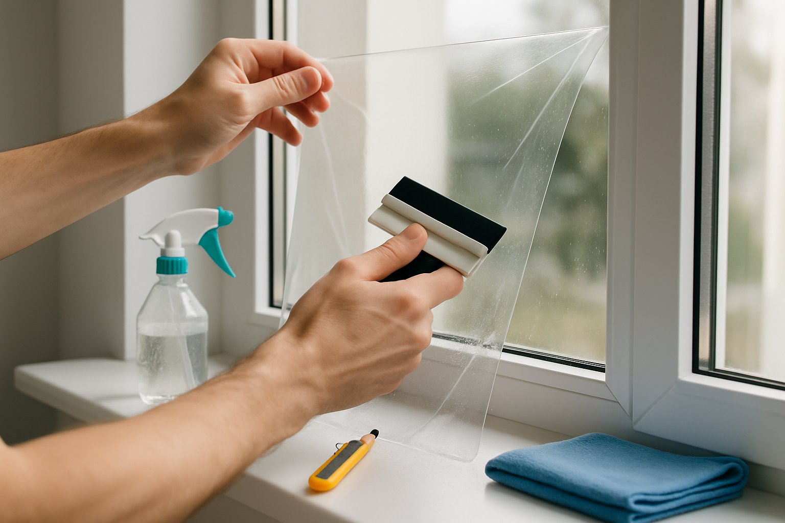 Handen die raamfolie zorgvuldig aanbrengen op een schoon raam met een rakel, met installatiegereedschap op de vensterbank.