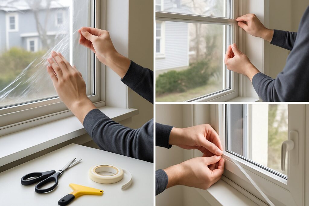 Applying window insulation film: DIY energy-saving installation steps with tools and techniques.