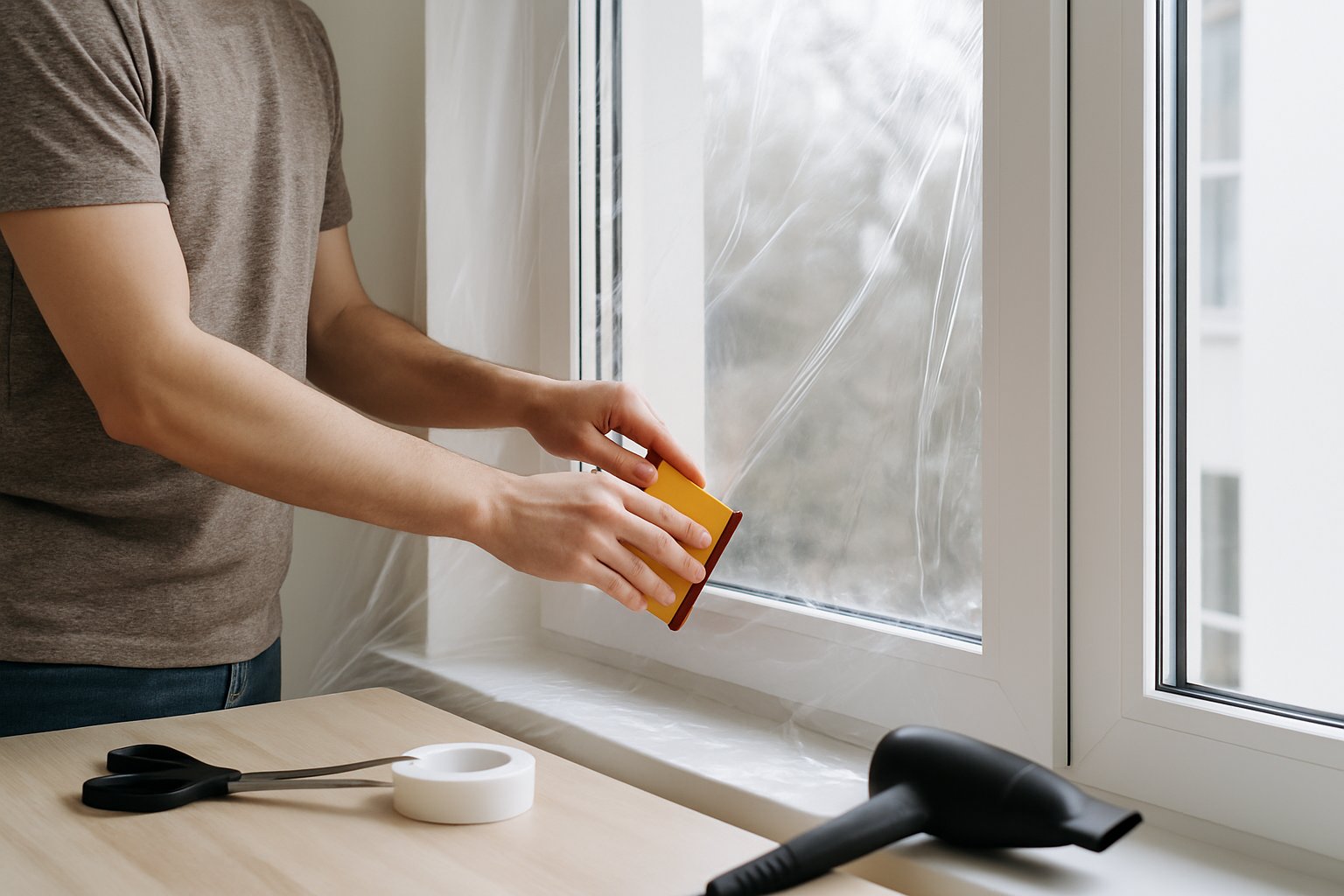 Iemand brengt isolatiefolie aan op een raam in een lichte woning.